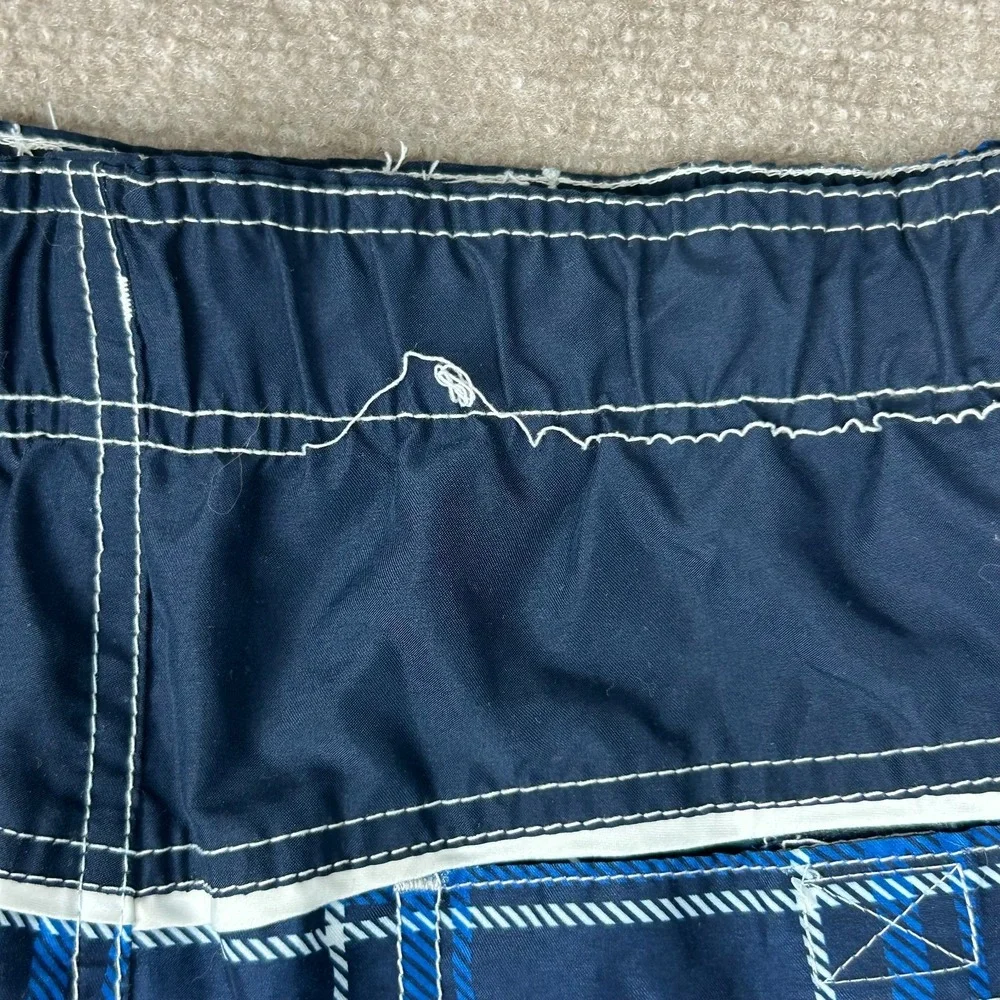 Ocean Pacific Swim Trunks Shorts Mens Large Navy Blue Plaid Mesh Lined Surfing